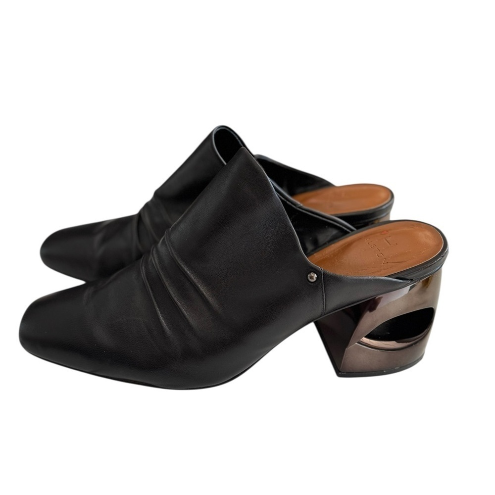 Halston Kelsey Black Leather Mules 10m |Sculpted Metallic Block Heel Slip-On